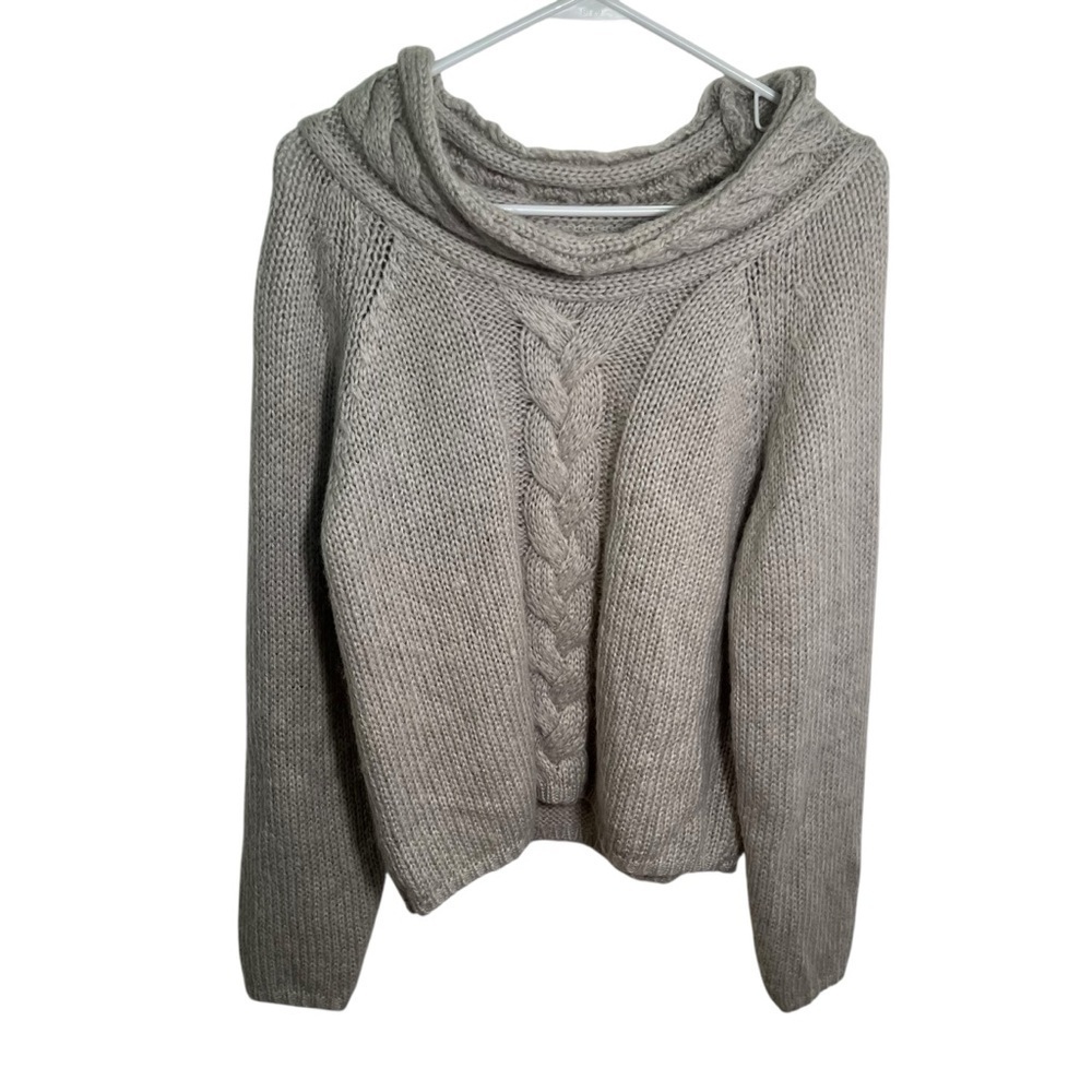 Women's Cowl Neck Sweater Light Heather Gray Cable Knit Long Sleeve Mock Neck